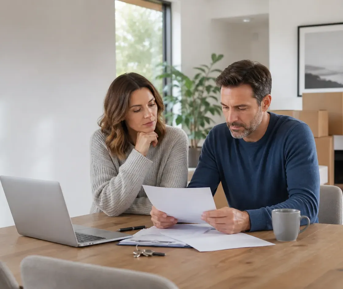 Couple reviewing paperwork while preparing to sell a divorce home in Ontario